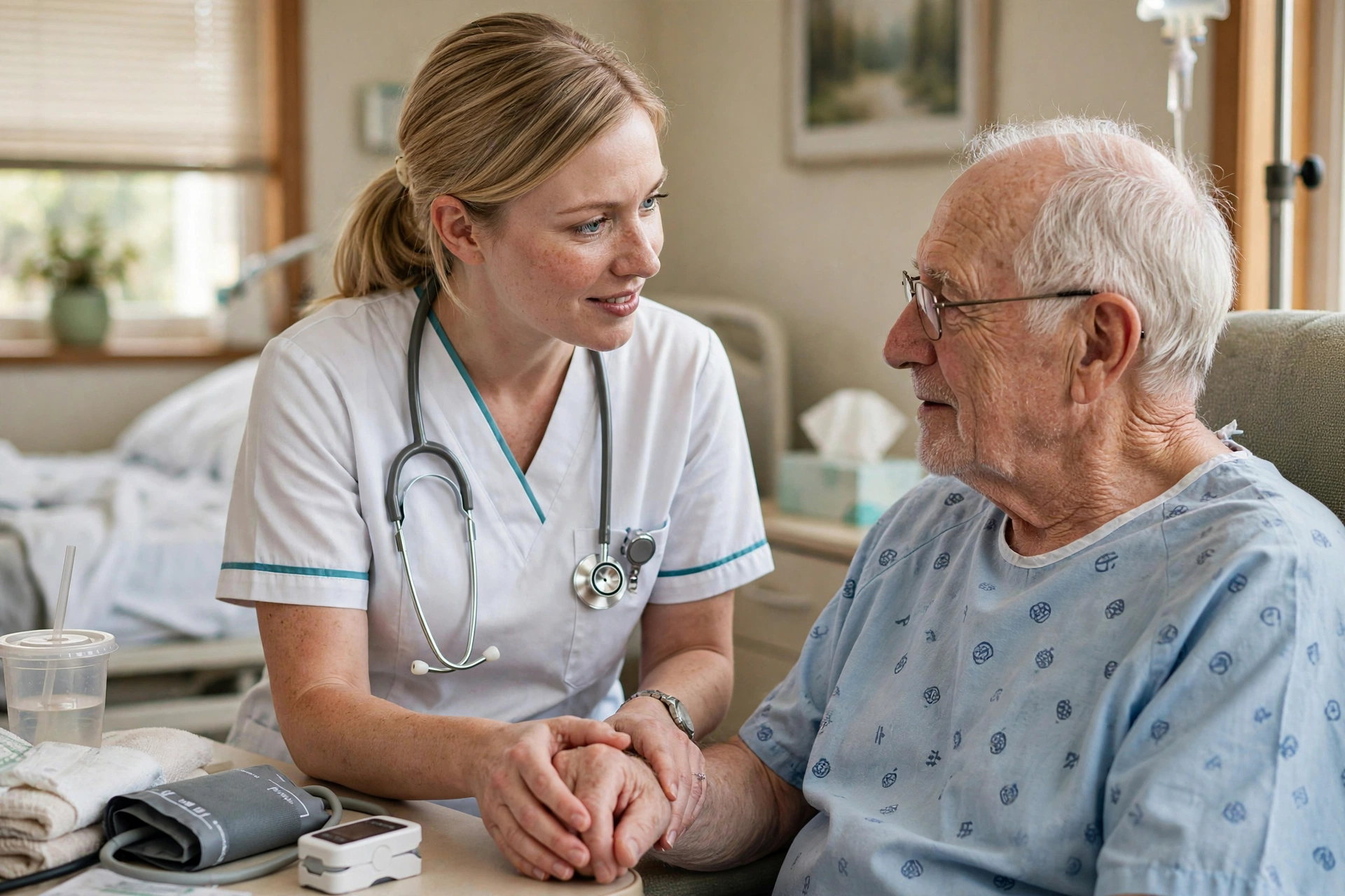 Nurse providing compassionate care to a senior patient